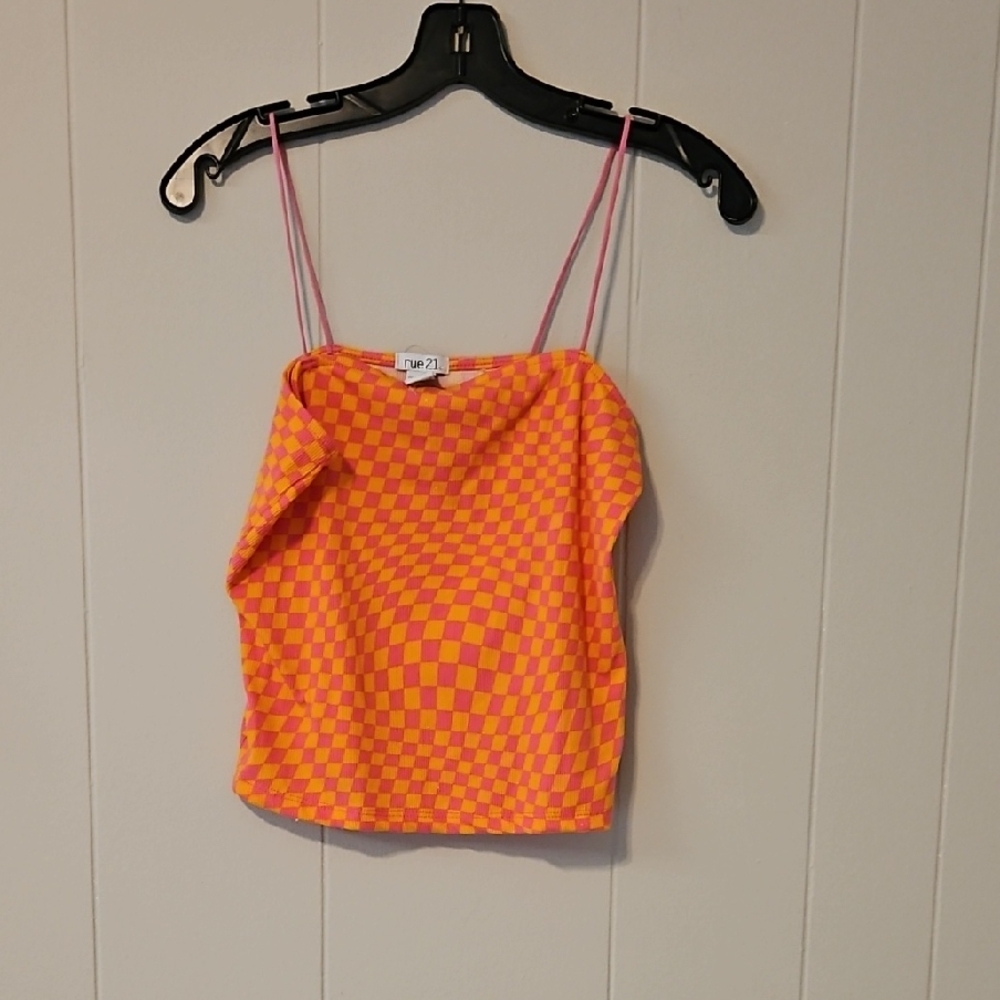 Vibrant Orange and Pink Checkered Women's Top